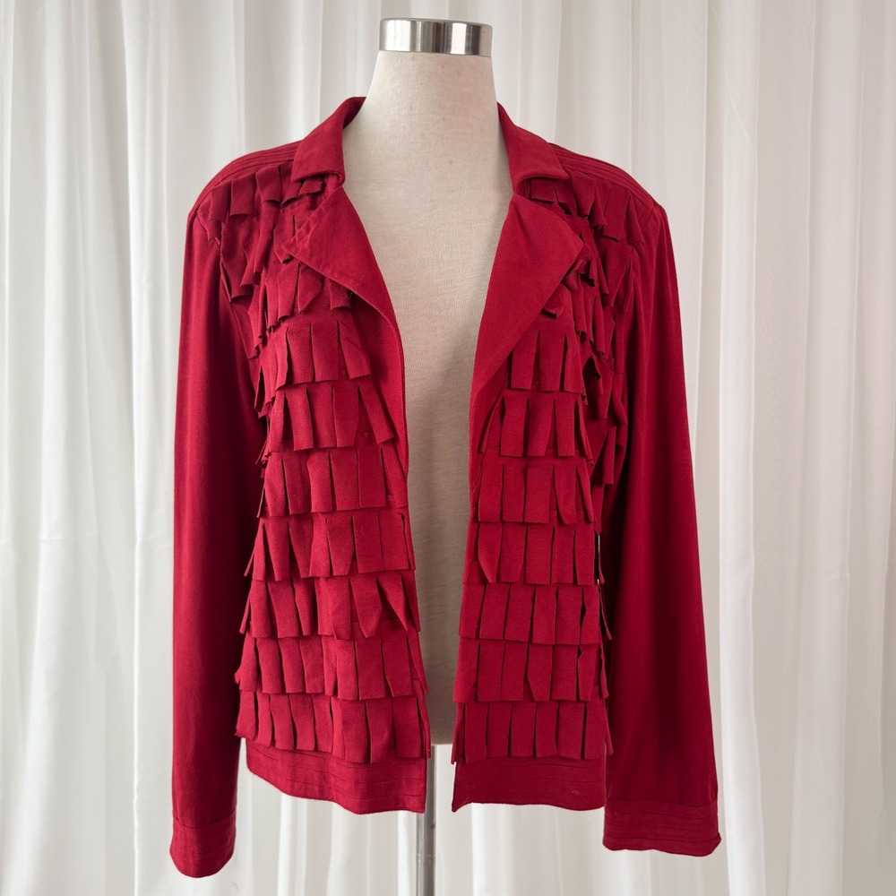 Red Fringe Jacket Textured Blazer Statement Layer Western Chic Women's Medium